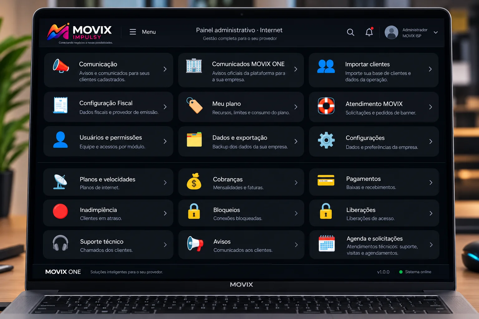 Interface real do painel Movix One exibida em notebook